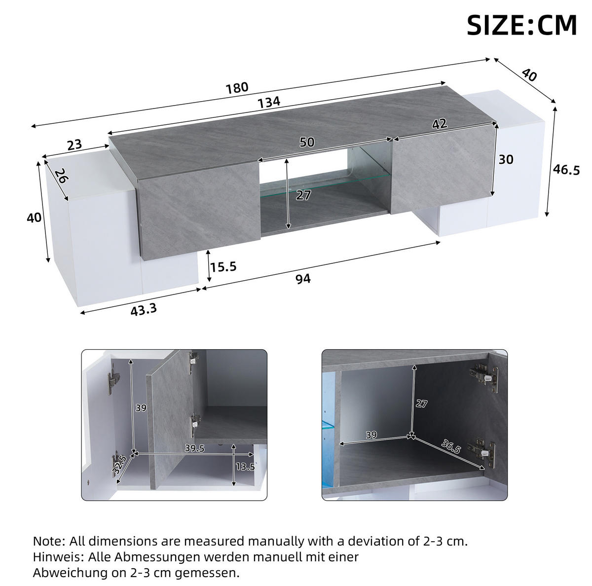 LOWBOARD 180/40/46.5 cm weiß/grau aus MDF mit LED-Lichtleiste - Weiß, Holzwerkstoff (40/46.5/180cm) - OKMYHOME