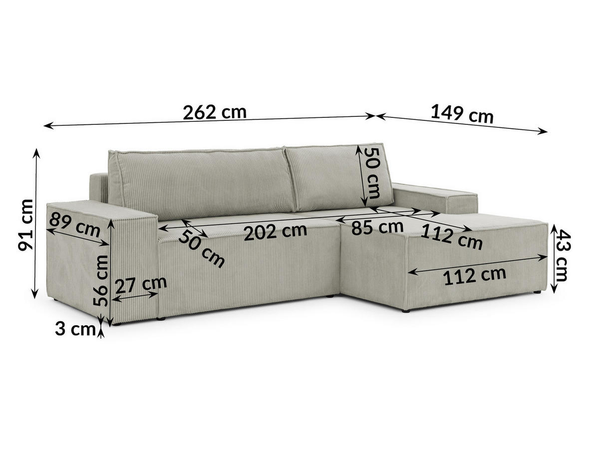 ECKSOFA Rivio mit Schlaffunktion und Bettkasten, Cordstoff Taupe - Taupe/Schwarz, Holz/Kunststoff (262/149cm) - S-Style