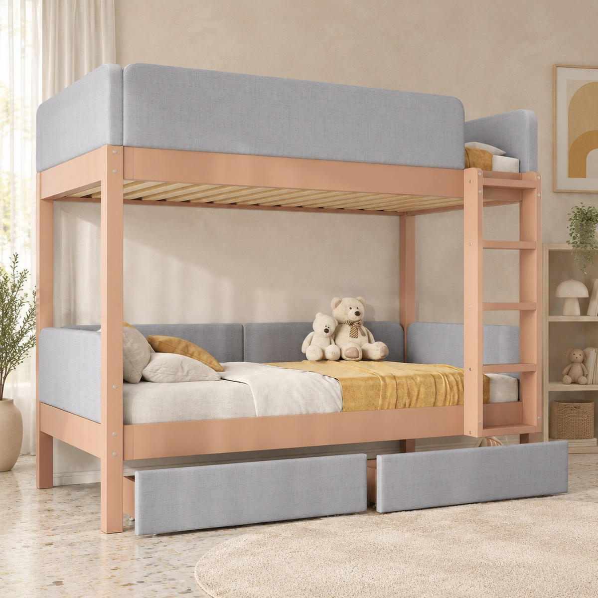 ETAGENBETT 90/200 mit 2 Schubladen, Schaumstoffkante und Leiter in Grau und Natur - Grau, Holzwerkstoff (90/200cm) - EVRYAE