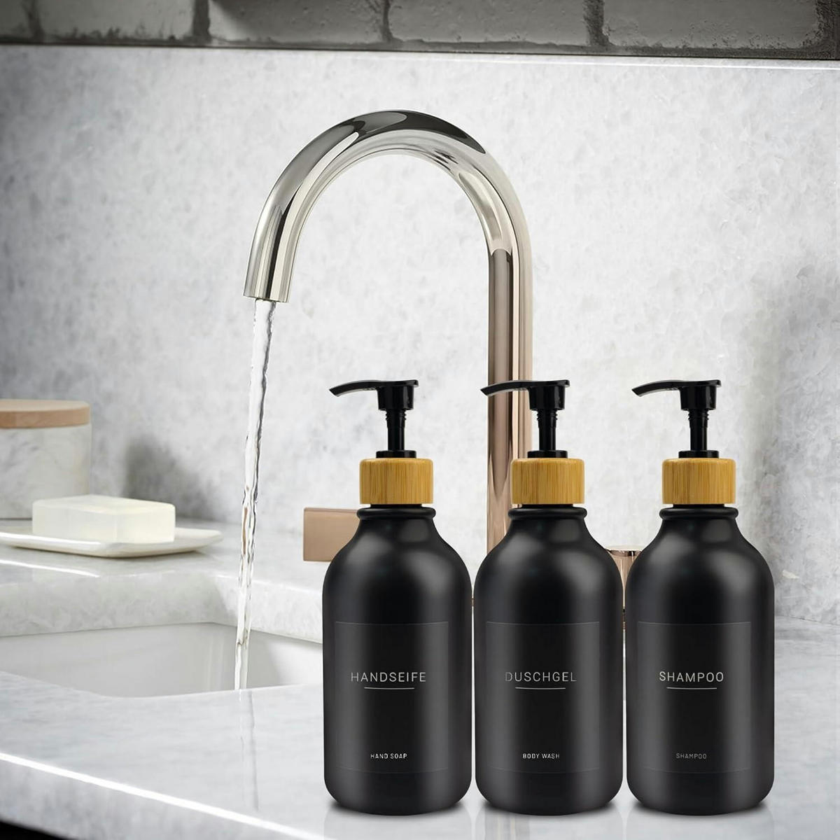 SEIFENSPENDER 3-teiliges Set 500ml PET Schwarz mit Etiketten - Schwarz, Kunststoff (7.4/19/7.4cm)