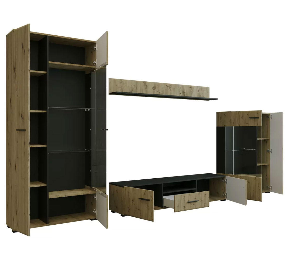 Thumbnail - Feldmann-Wohnen Wohnwand, Braun, Schwarz, Holz, 12 Fächer, 1 Schubladen, Rechteckig, 310x190x40 cm, Wohnzimmer, Wohnwänd...