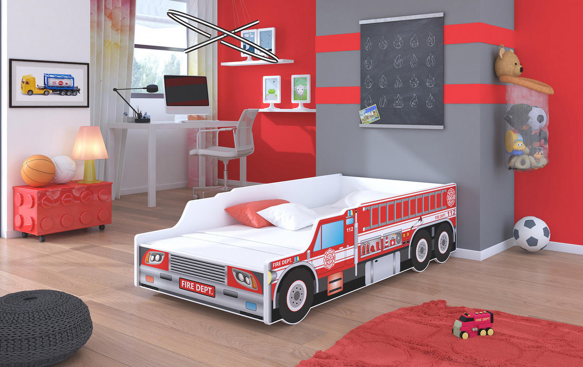 KINDERBETT Fire weiß / Motiv Feuerwehrauto 84 / 165 / 43cm - Rot/Weiß, Holz/Holzwerkstoff (80/160cm) - Feldmann-Wohnen
