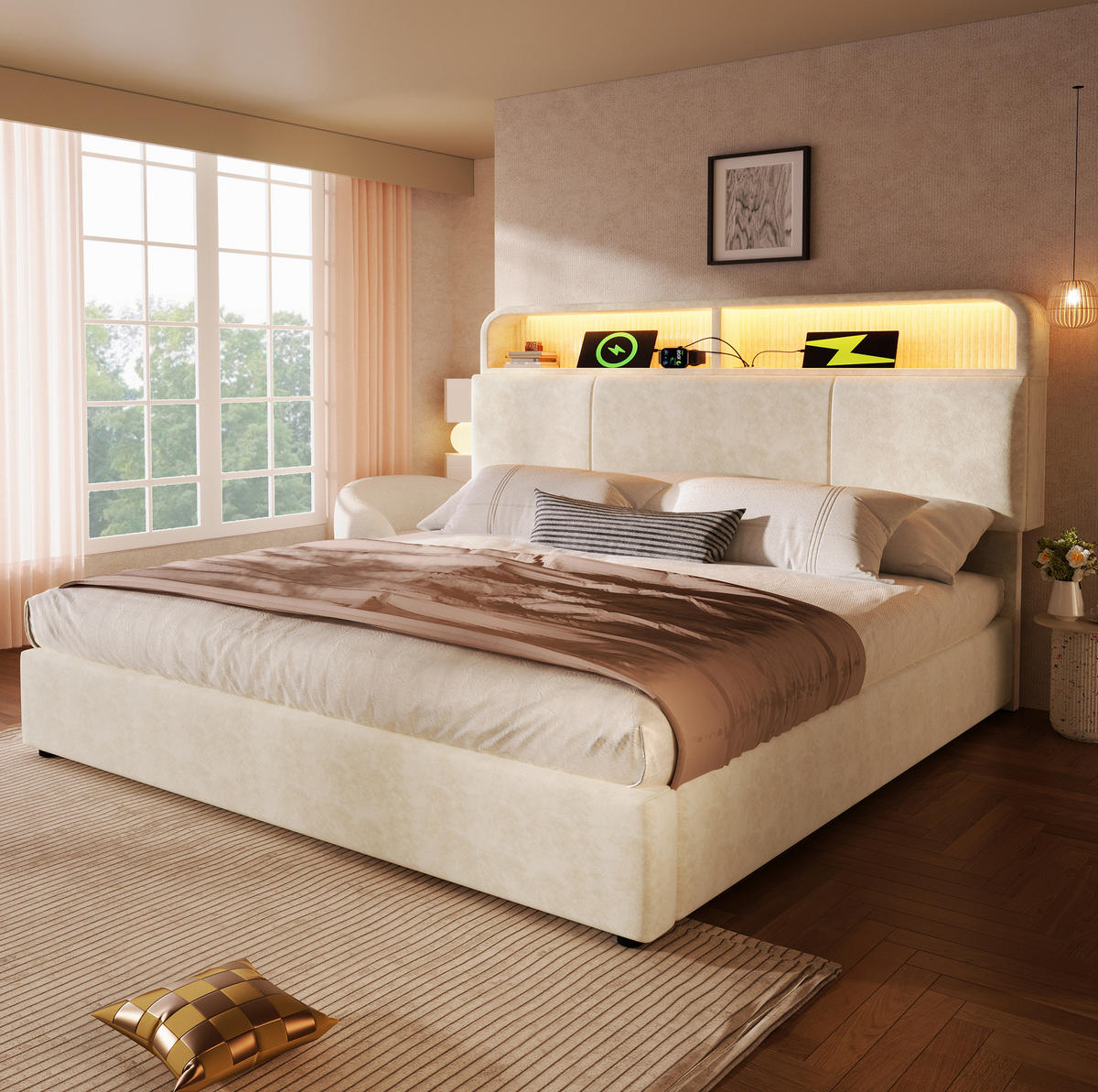POLSTERBETT aus Samt 140x200 cm in Beige mit LED & USB-C Ladestation - Beige, Textil (140/200cm) - Modfu