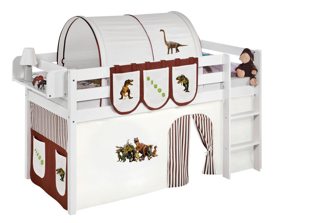 HOCHBETT Jelle mit DINOS Vorhang - Kinderbett - Weiß, Holz - Lilokids