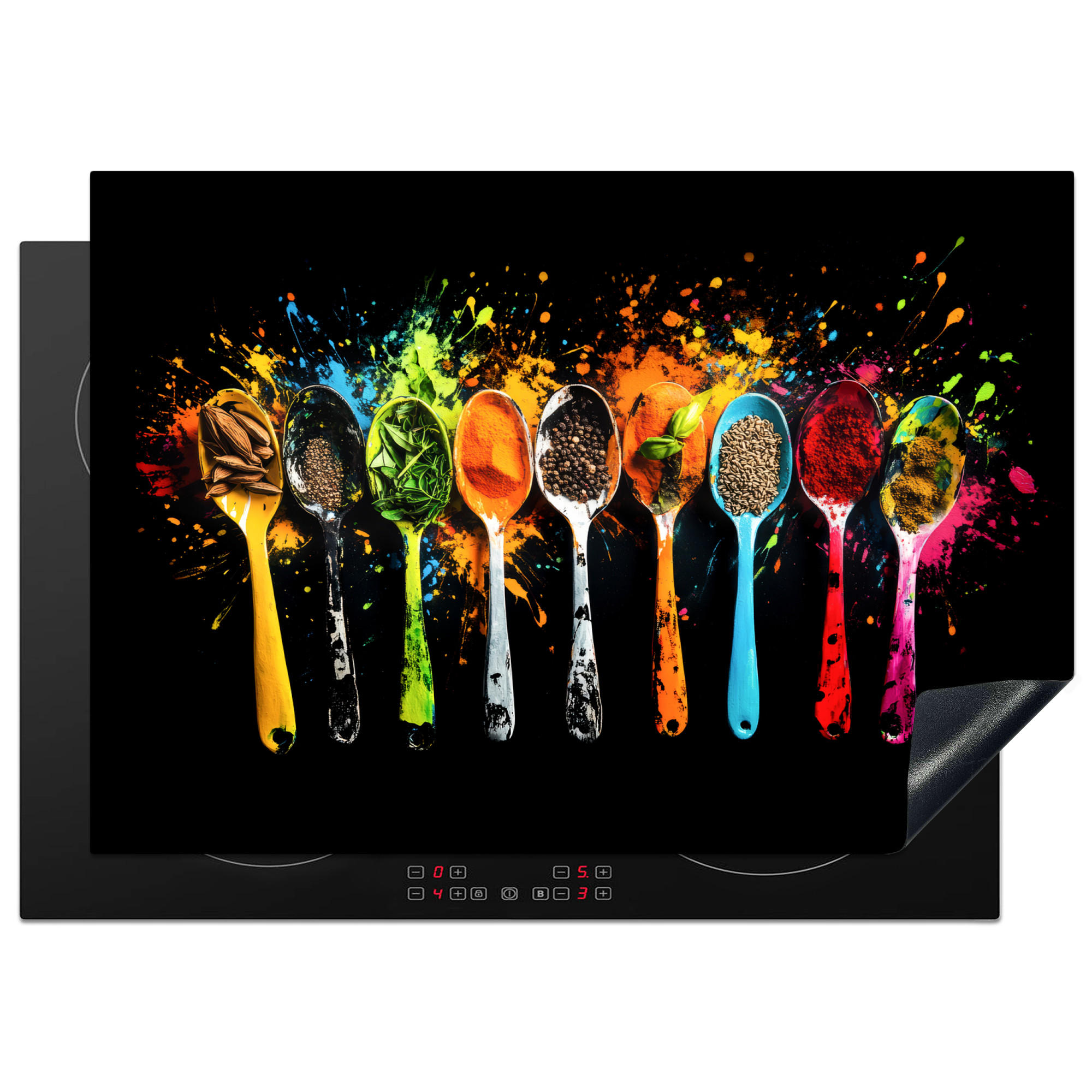 HERDABDECKPLATTE Löffel - Gewürze - Modern - Graffiti - Farbe - Farbenfroh 75x52 cm - Multicolor, Kunststoff (75/0.2/52cm) - MuchoWow