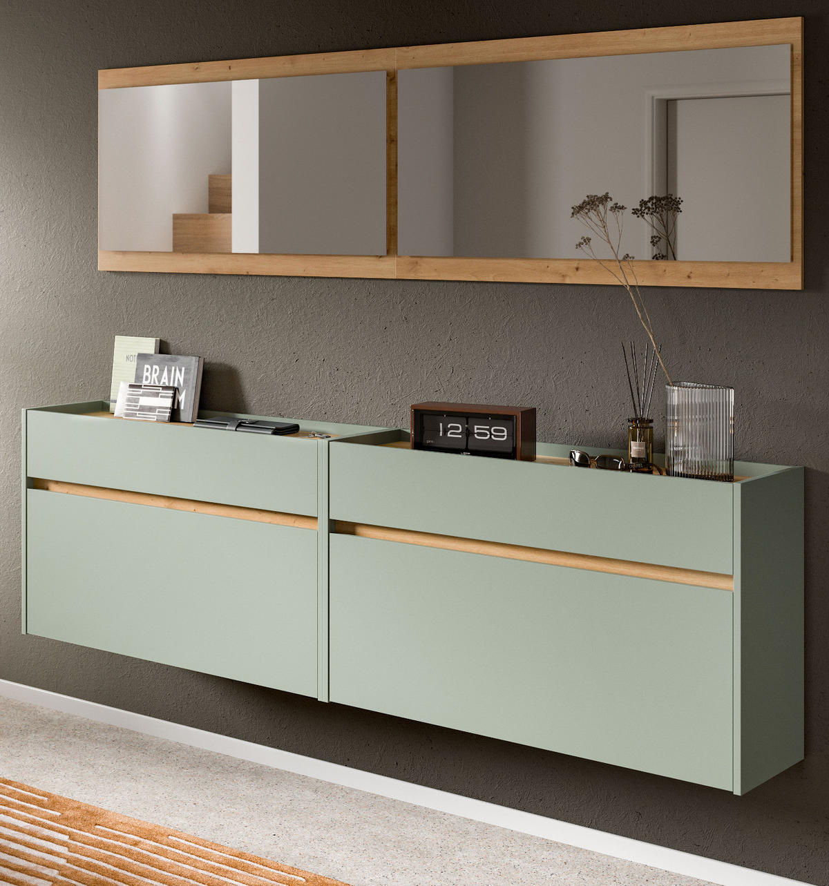 GARDEROBE-SET Salbei und Artisan Eiche, Garderobe 4-teilig, 220 x 192 cm, Borga - Salbeigrün/Eiche Artisan, Holzwerkstoff (220/192/32cm) - Inn.Furn