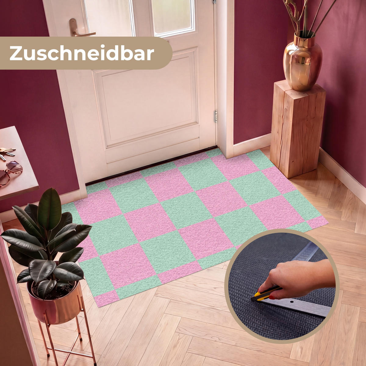 FUSSMATTE Schachbrettmuster - Grün - Rosa - Würfel Fußabtreter 150x90 cm - Mintgrün, Kunststoff (150/90cm) - MuchoWow