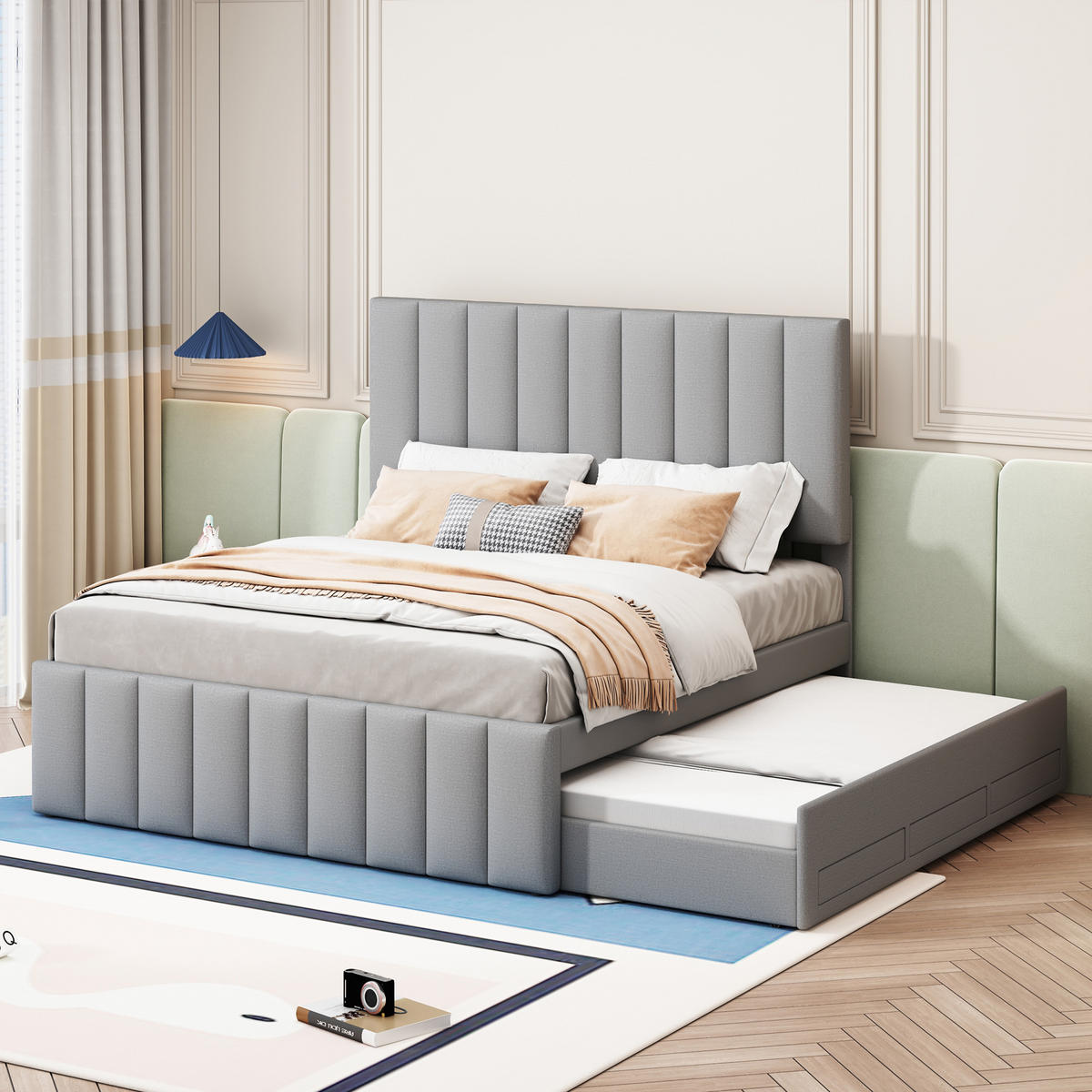 POLSTERBETT 140/200 cm grau mit Ausziehbett und Schubladen - Grau, Textil (140/200cm) - OKWISH