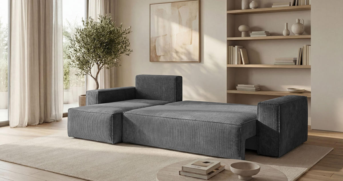 ROHOVÁ pohovka CALIFORNIA MINI levá tmavě šedá manšestr Poso 60 - funkce spaní, úložný prostor - antracitová, textil (245/140cm) - Cornero