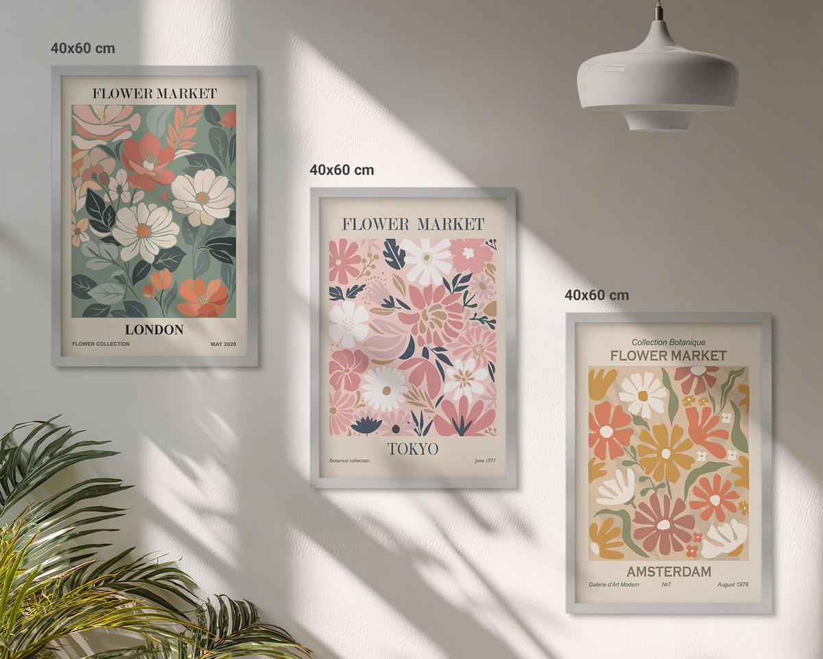 BILDER SET 3er Set - 40x60 cm Silberner Rahmen - Blumenmuster London Tokio Amsterdam - Silberfarben, Kunststoff (40/60cm) - TULUP