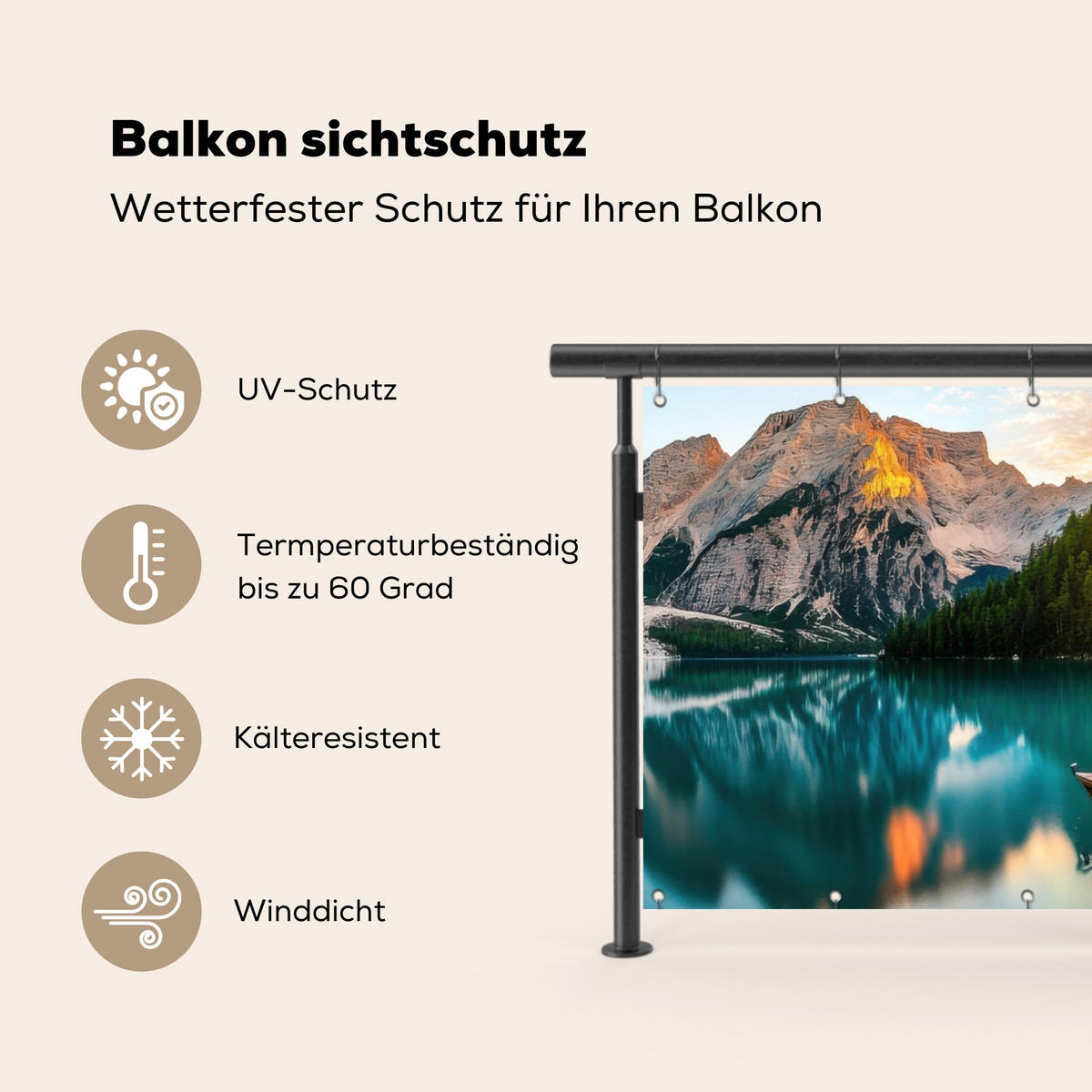 BALKON-SICHTSCHUTZ See - Berge - Sonnenuntergang - Boot - Petrol, Kunststoff (200/110cm) - MuchoWow