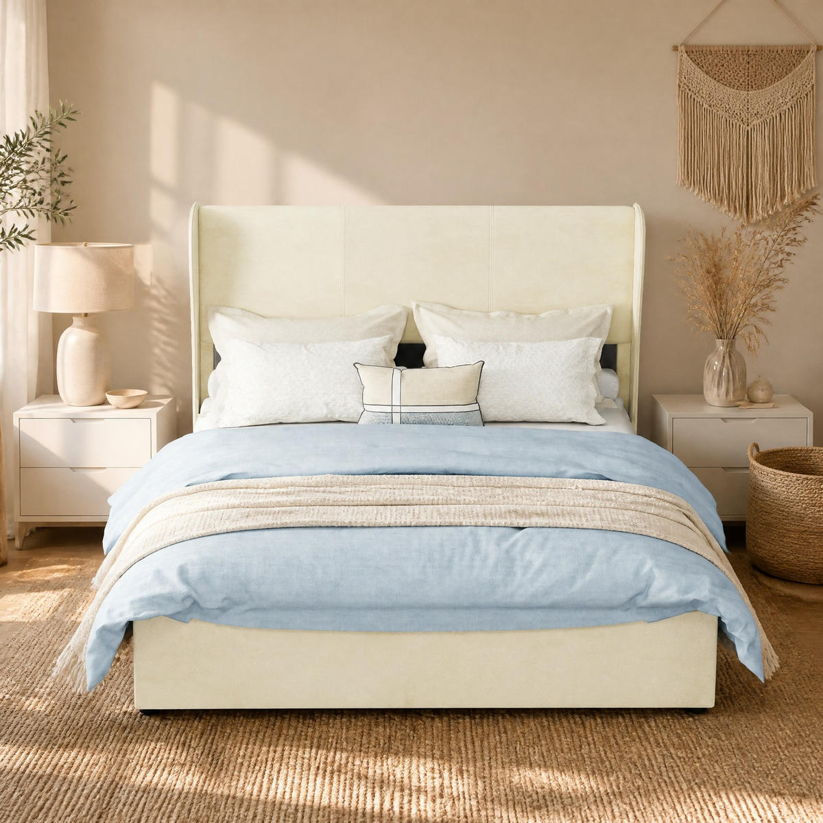 POLSTERBETT 140/200 mit hydraulischem Bettkasten, hohem Unterbau und gepolstertem Kopfteil in Beige - Beige, Holzwerkstoff/Textil (140/200cm) - EVRYAE