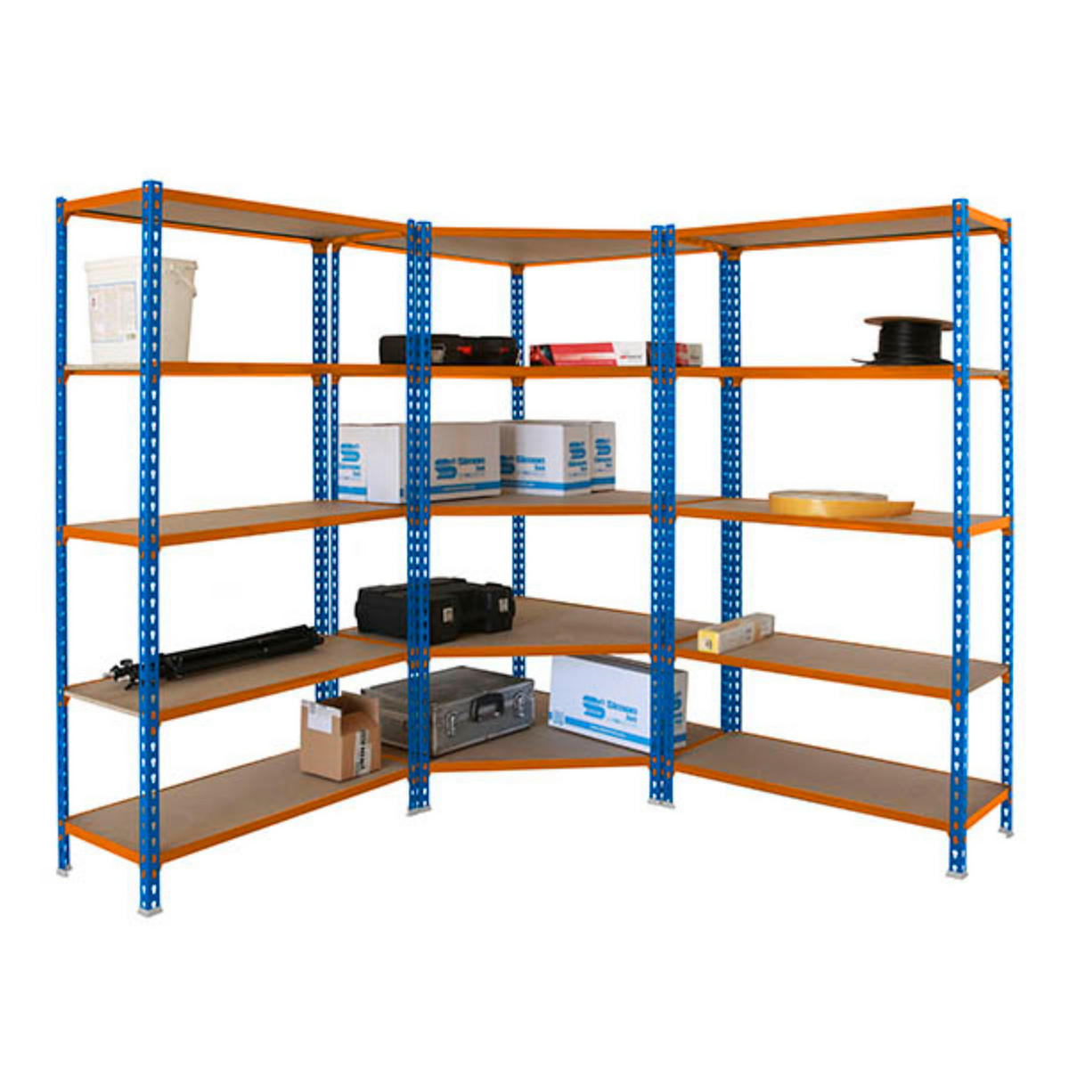 MEGA Deal 1x Eckregal + 2x Schwerlastregal MULI | HxBxT 180x180x50cm | Fachlast 200kg | Blau-Orange - Gelb, Metall (180/180/50cm) - PROREGAL