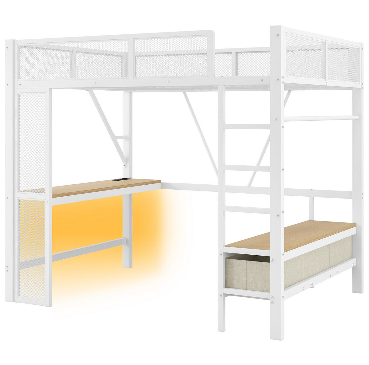 HOCHBETT 140/200 cm mit LED, Schreibtisch und 3 Schubladen, platzsparendes Design, Weiß - Weiß, Holzwerkstoff (140/200cm) - Redom