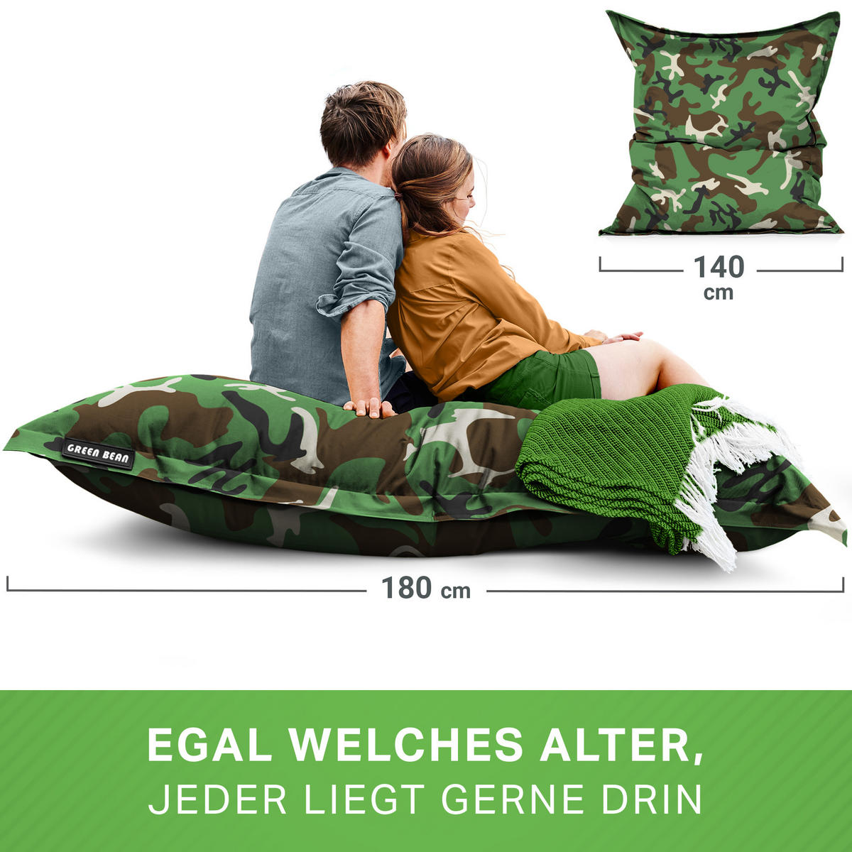 RIESEN-SITZSACK "Square" 140x180cm 380 L - Braun/Grün, Textil (140/25/180cm) - Green Bean