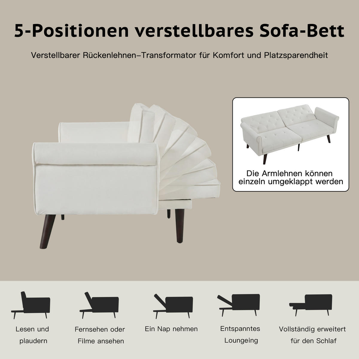 SCHLAFSOFA 150/89/70 cm in Beige Samt mit Verstellbarer Rückenlehne - Beige, Textil (172/70/89cm) - Oxeza
