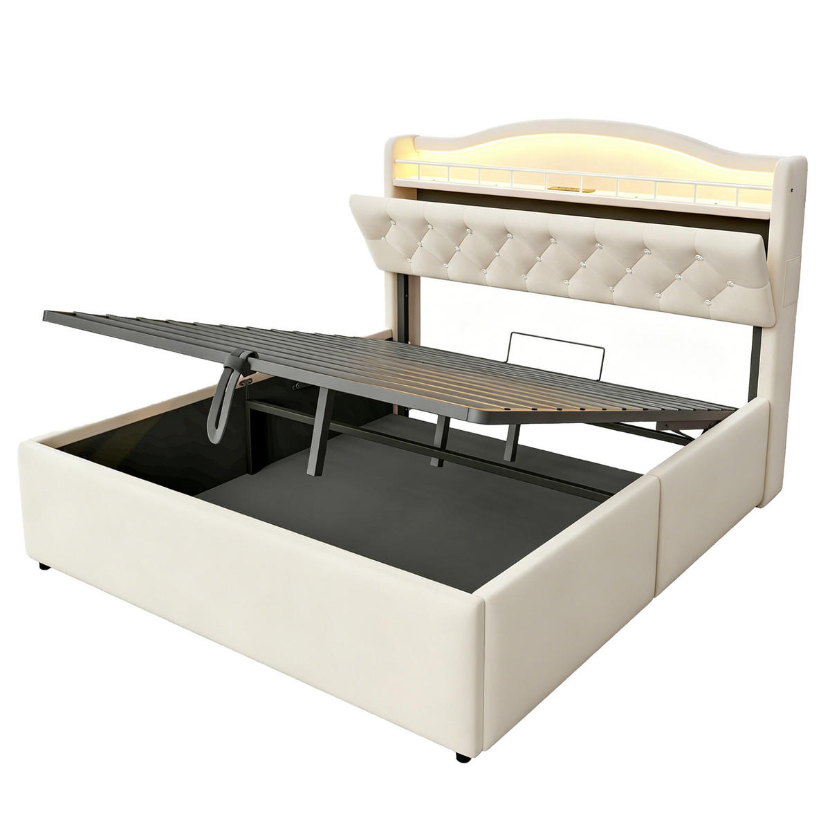 POLSTERBETT 140/200 cm aus Stoff und Metall mit Stauraum, Beige - Beige, Textil (140/200cm) - OKMYHOME
