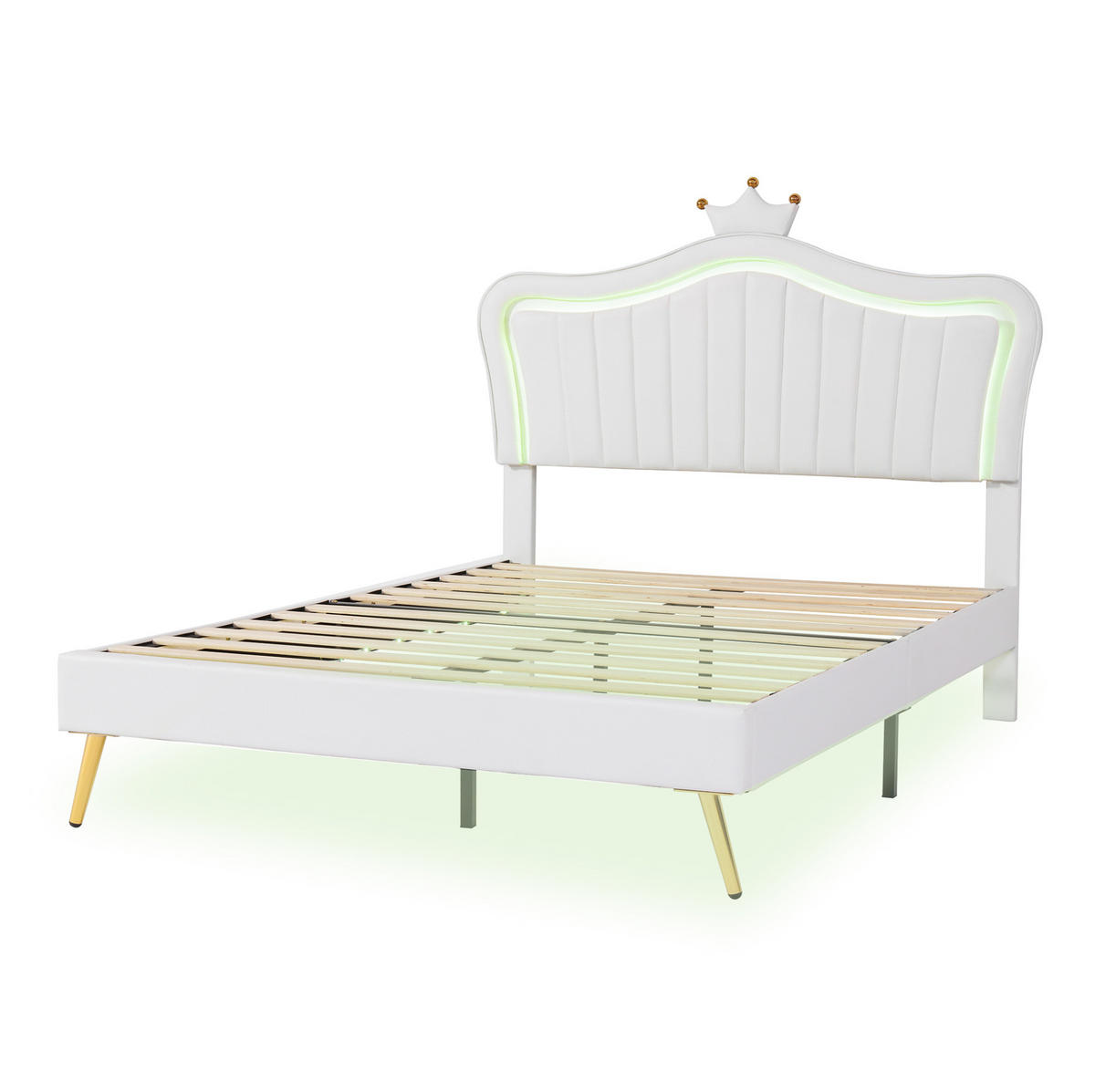 POLSTERBETT 140/200 cm Weiß mit LED-Beleuchtung und Kronen-Kopfteil - Weiß, Textil (140/200cm) - Flora Grace