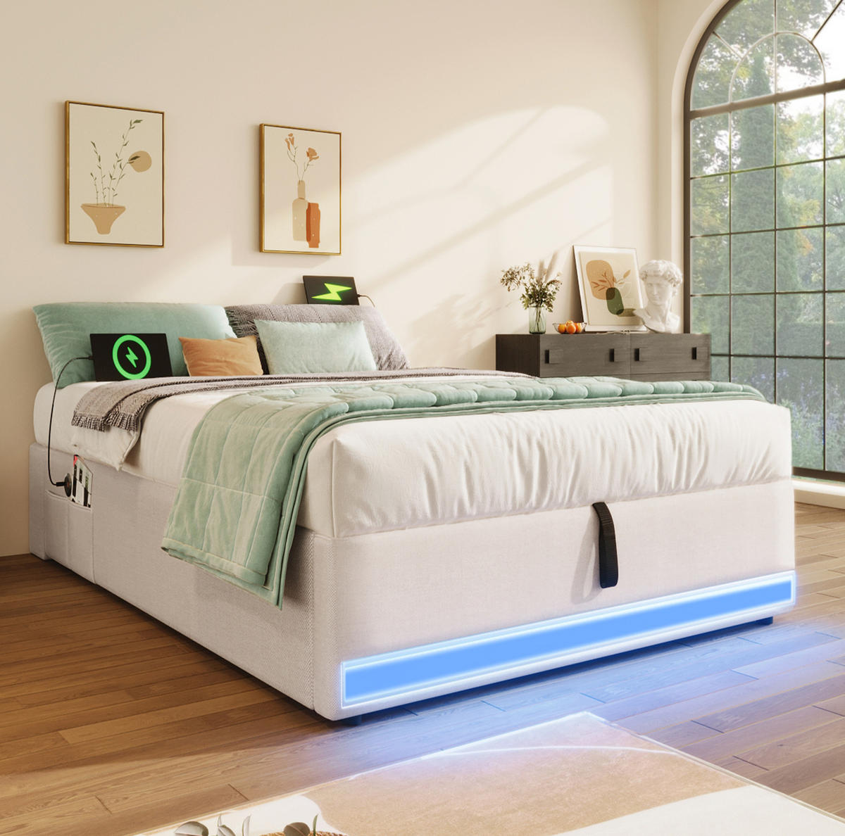 POLSTERBETT 90/200 cm mit Bettkasten, LED-Beleuchtung und USB/Typ-C - Beige, Textil (90/200cm) - BEAOK
