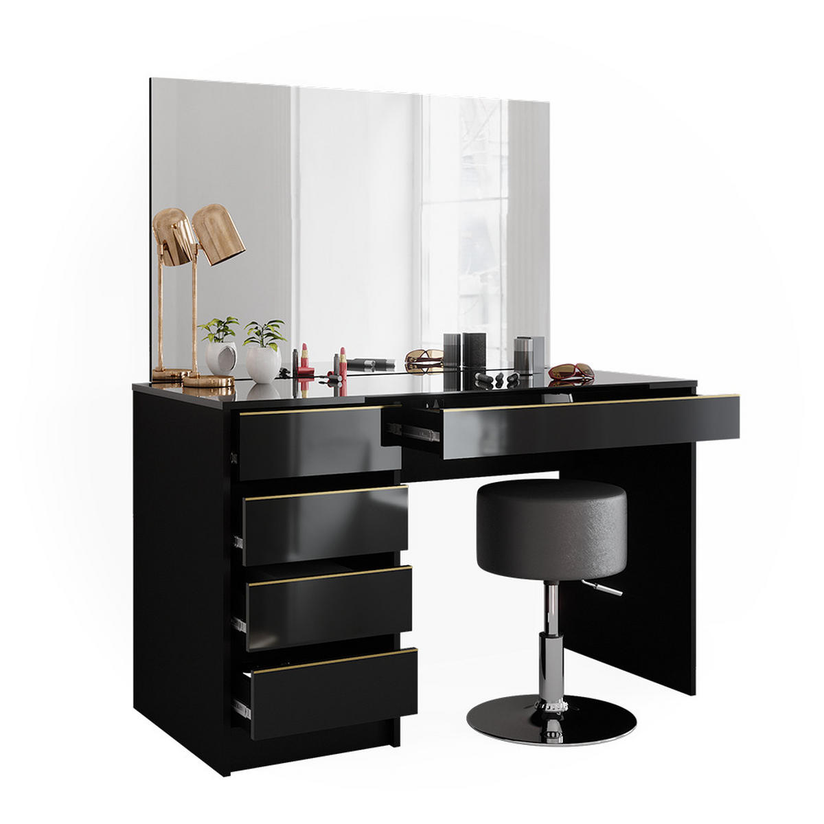 SCHMINKTISCH-SET Sherry Schwarz/Gold 120 cm mit Hocker - Goldfarben/Schwarz, Holzwerkstoff (120/75/55cm) - Vicco