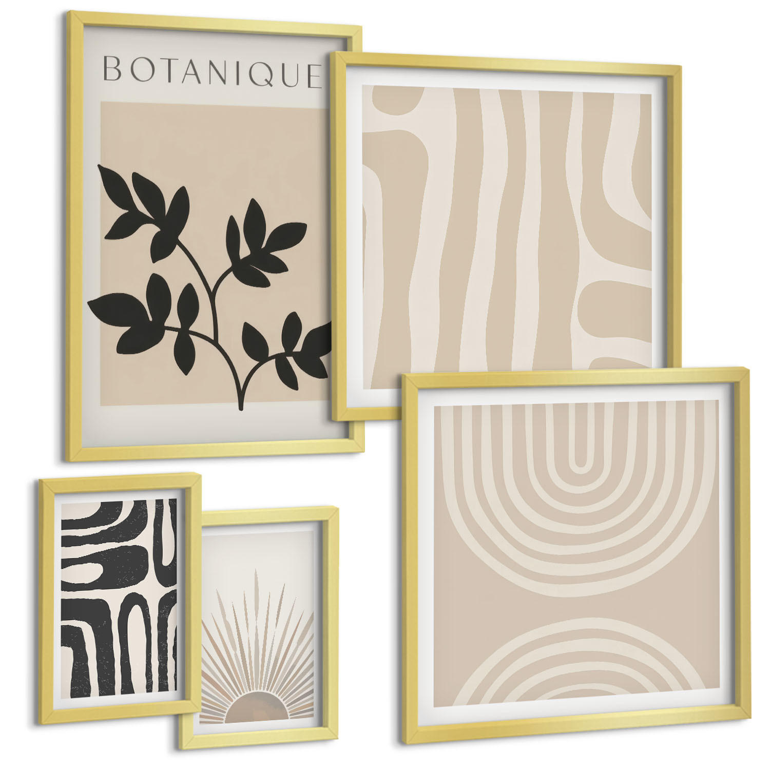 BILDER SET 5er Set - 50x50 cm & 20x30 cm & 40x60 cm Goldrahmen - Abstrakte Pflanzenmuster - Goldfarben, Kunststoff (40/60cm) - TULUP