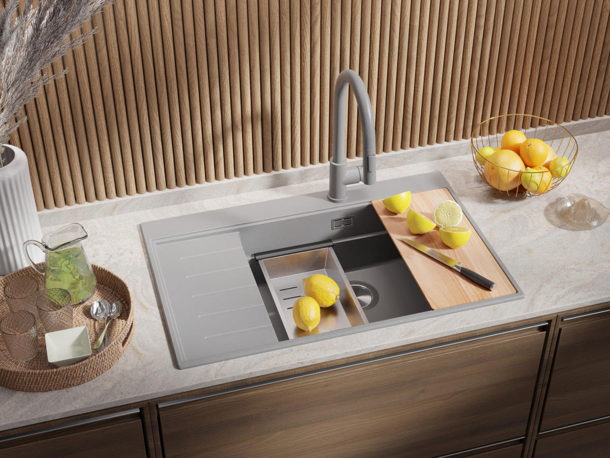 SPÜLBECKEN Sydney, 2-er set Grau 78/50 cm 1 Becken + Ablauf-Set + Küchenzubehörset ab 60er Unterschrank - Chromfarben/Beige, Kunststoff (78/20/50cm) - Primagran