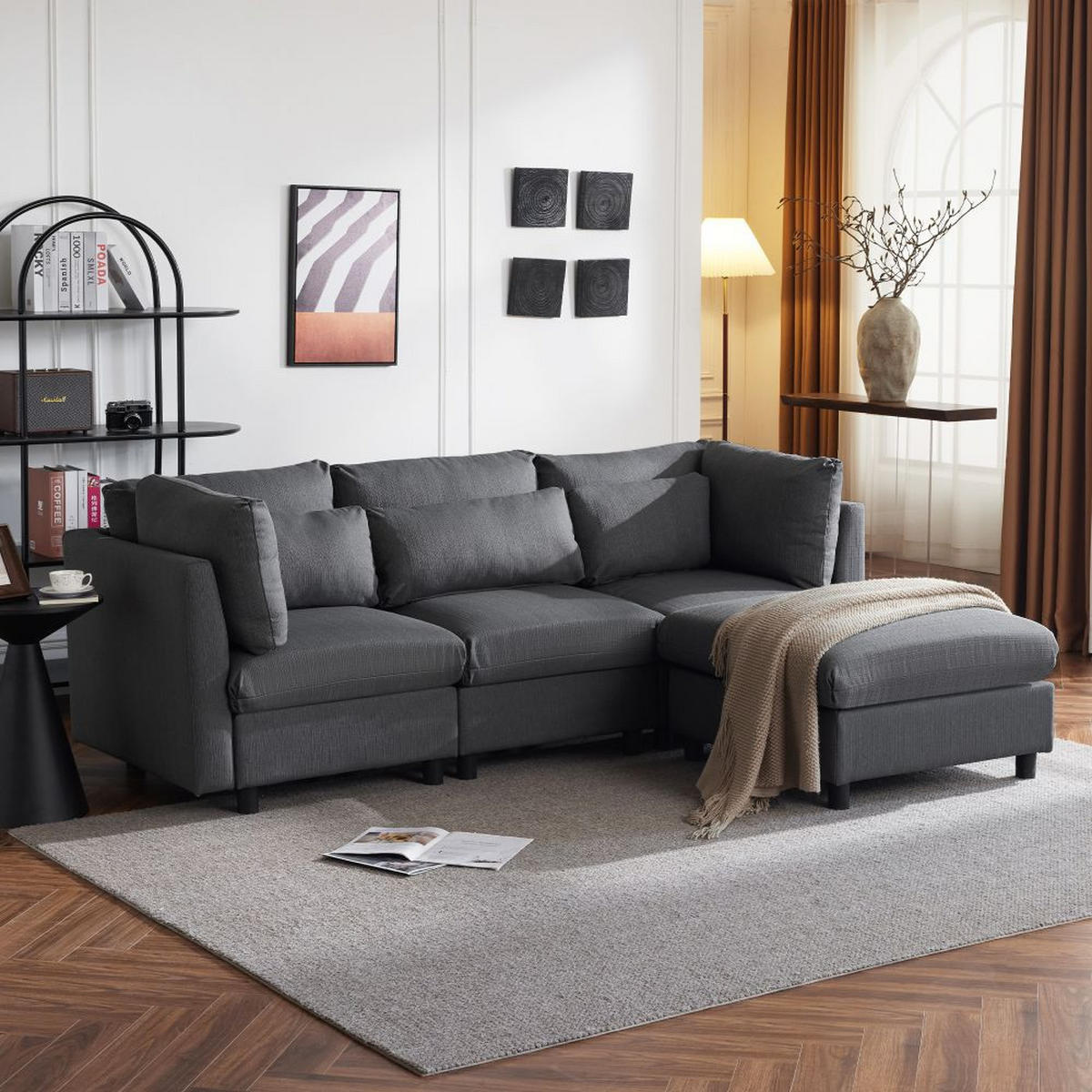 ECKSOFA in Grau Leinen mit Fußhocker - Grau, Textil (83/220cm) - KOMHTOM