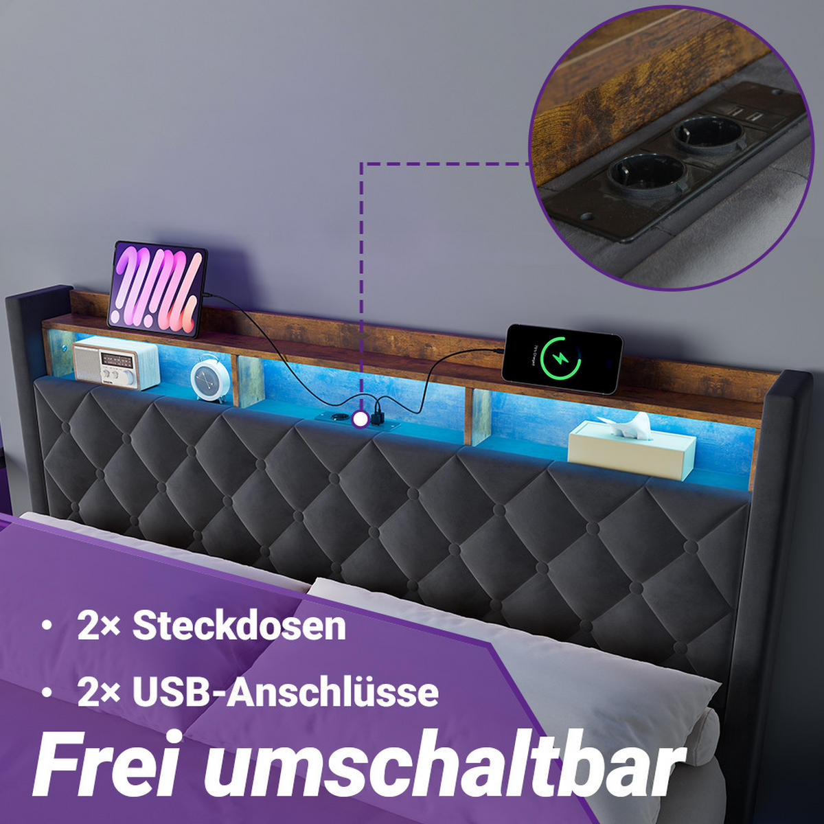 POLSTERBETT 180/200 cm in Grau Samt mit Bettkasten, LED-Beleuchtung und USB-Anschluss - Grau, Holzwerkstoff/Textil (180/200cm) - CHICFURN