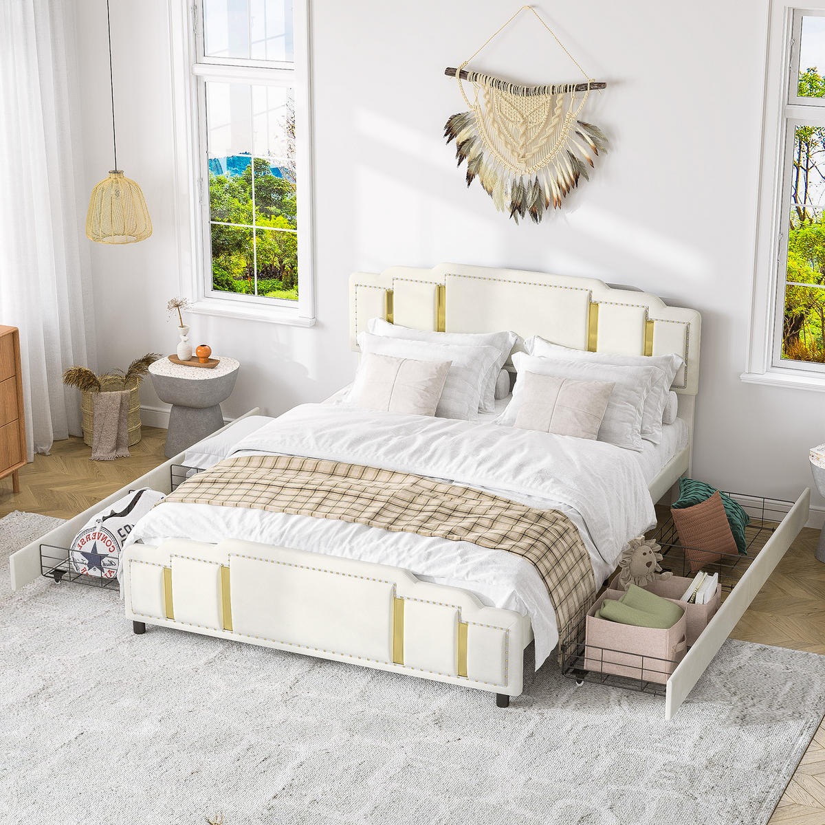 POLSTERBETT 160/200 cm Beige mit 2 Schubladen und LED-Ambientebeleuchtung - Beige, Textil (160/200cm) - Oxeza