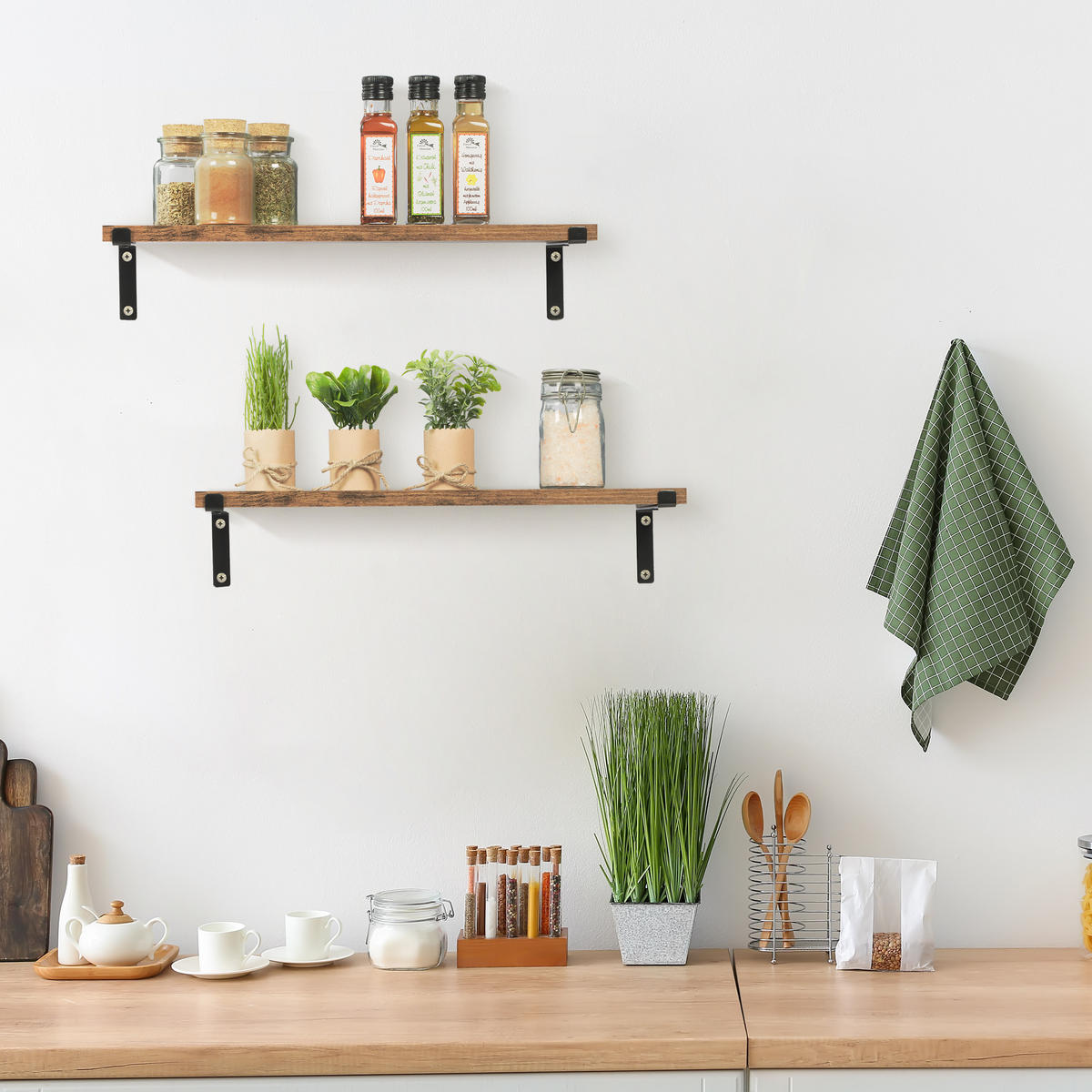 2XNÁSTENNÉ regály - hnedá, kov/kompozitné drevo (48/9.5/15.5cm) - Relaxdays