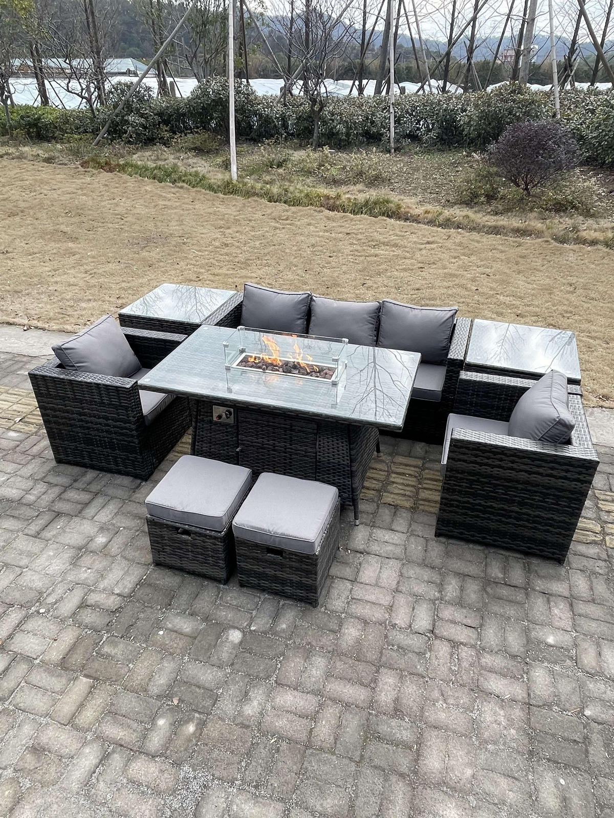 GARTENMÖBEL SET Polyrattan 7-Sitzer - Dunkelgrau/Grau, Glas/Kunststoff - Fimous