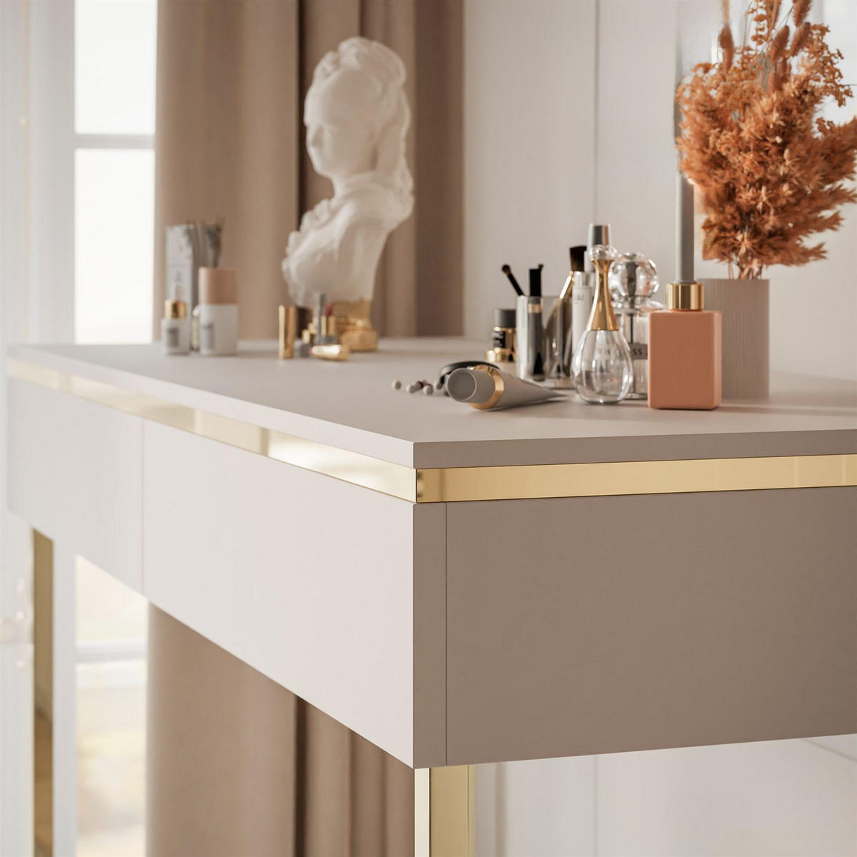 SCHMINKTISCH AURORA GOLD KASCHMIR Schminktisch auf einem goldenen Gestell ohne Spiegel - Kaschmir, Holzwerkstoff (44/102/79cm) - Lookway