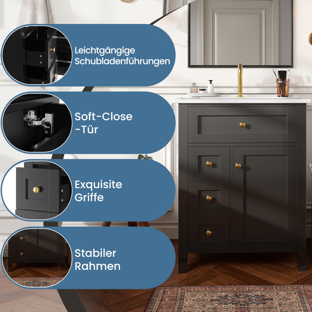 WASCHTISCHUNTERSCHRANK aus MDF und Keramik 61x47x86 cm Schwarz mit Stauraum, Soft-Close und Keramikwaschbecken - Schwarz, Keramik (61/86/47cm) - Modfu