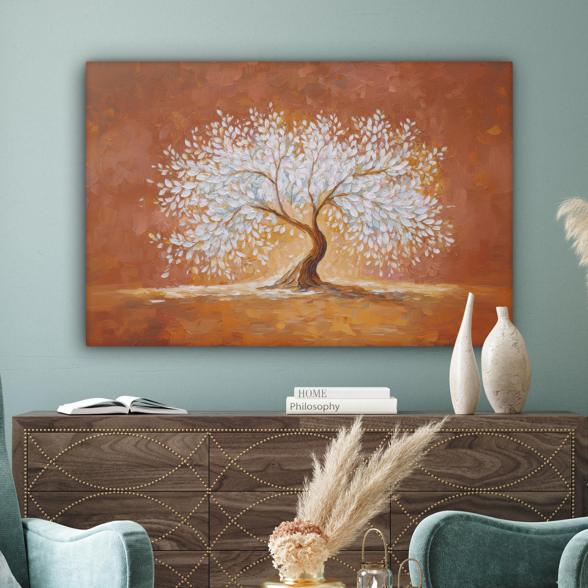 LEINWANDBILD Abstrakt - Baum - Weiß - Blätter XXL 150x100 cm - Braun, Textil (150/100cm) - MuchoWow