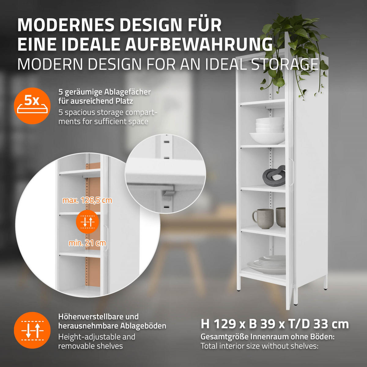 VITRINENSCHRANK 45x145x35 cm Weiß aus Stahl - Weiß, Metall (45/145/35cm) - ML-DESIGN
