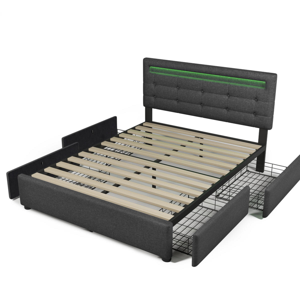 POLSTERBETT 140/200 cm mit LED-Beleuchtung, 4 Schubladen, verstellbarem Kopfteil und Matratze, Grau - Grau, Textil (140/200cm) - Redom