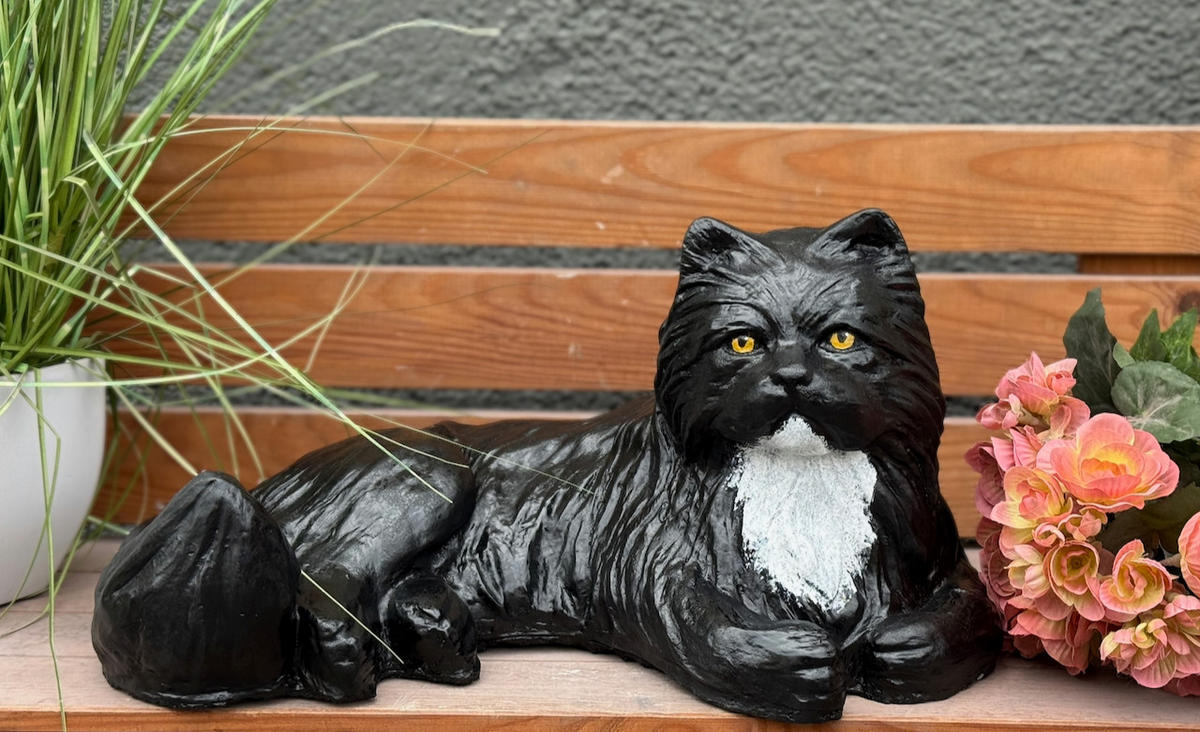 STEINFIGUR Katze liegend Kater schwarz frostfest, lebensgroß, - Schwarz, Stein (42/21/30cm) - stoneandstyle