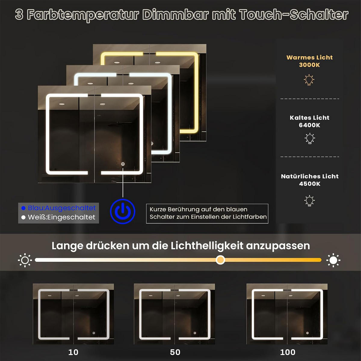 SPIEGELSCHRANK Badezimmerschrank mit LED-Beleuchtung, höhenverstellbaren Einlegeböden, drei Farbtemperaturen, Korpus, zweitüriger Schrank - Weiß, Holz/Holzwerkstoff (13.5/60/80cm) - WoodenAura