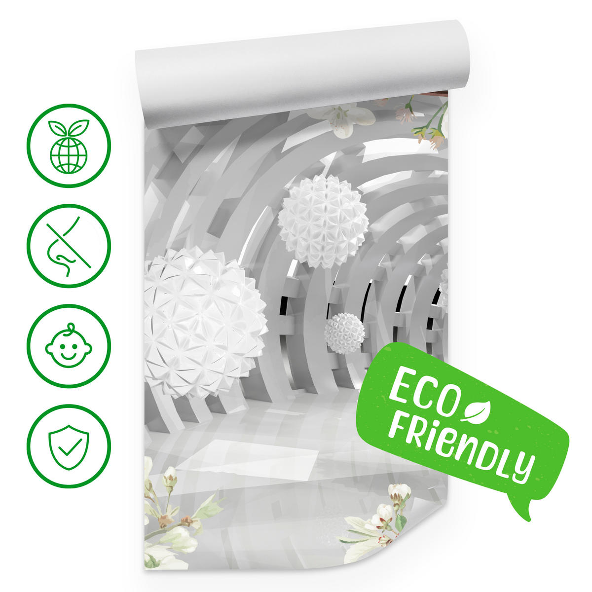 FOTOTAPETE für Wohnzimmer Tunnel mit BLUMEN KUGELN Floral Perspektive 500x350 - Rosa/Weiß, Papier (500/350cm) - Muralo