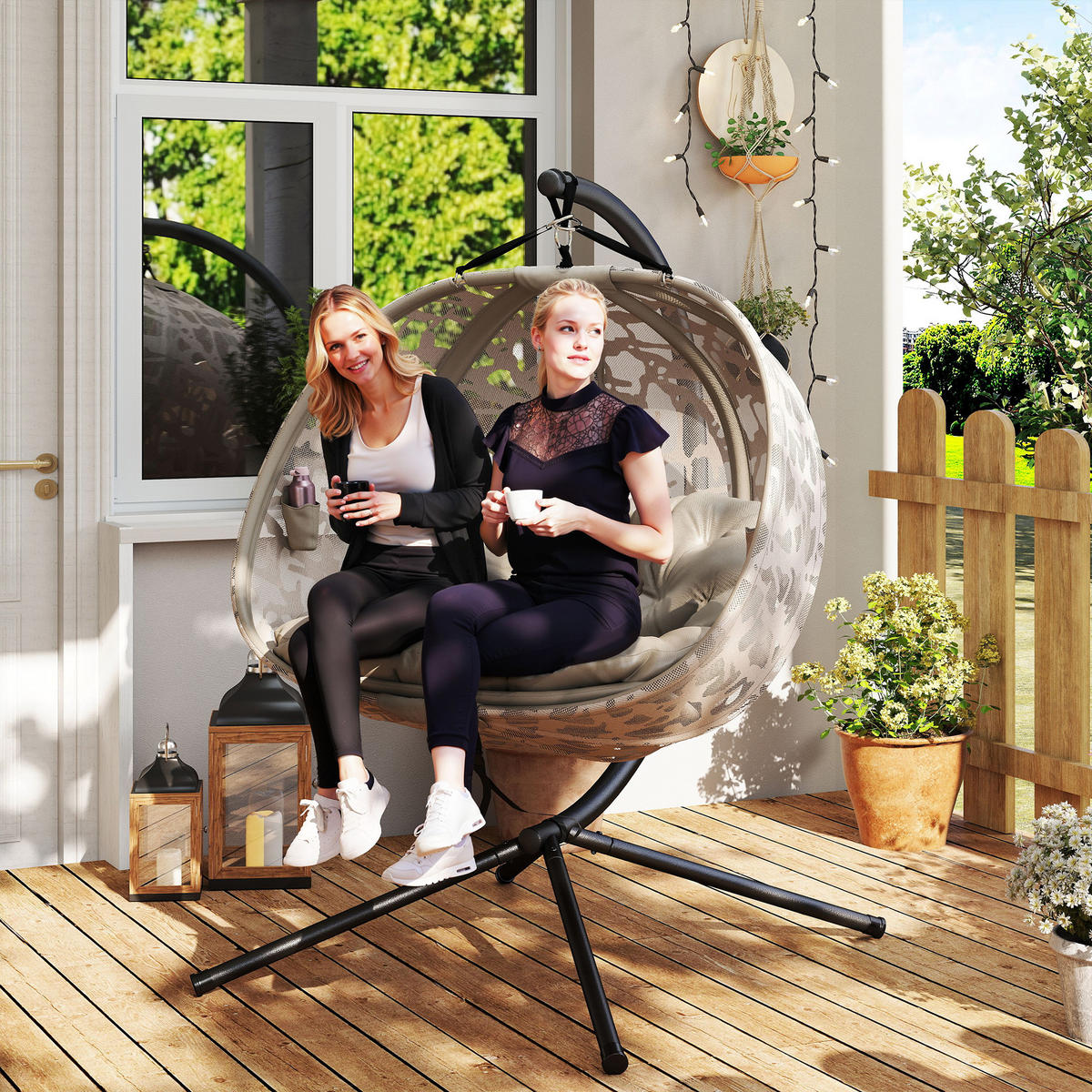 HÄNGESESSEL FÜR 2 PERSONEN DE-07052 klappbarer Sitzkorb, großes Kissen Sand - Sandfarben, Textil/Metall (103/172/130cm) - ComfortXL