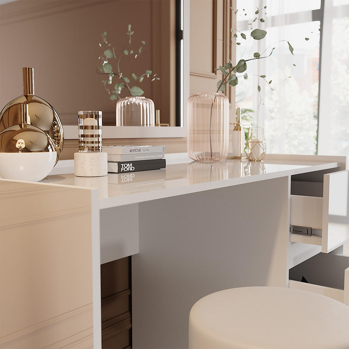 TOALETNÍ STOLEK Marla Bílá vysoký lesk - vysoce lesklá bílá, kompozitní dřevo (120/78.6/60cm) - Vicco