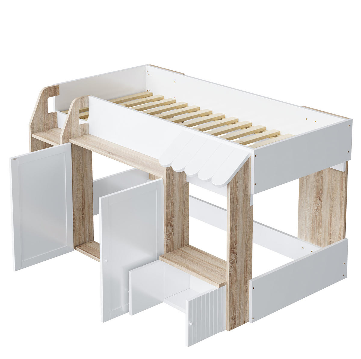 HOCHBETT 90/200 cm Weiß/Natur aus Holz mit Hausrahmen und Stauraum - Weiß, Holzwerkstoff (90/200cm) - OKMYHOME