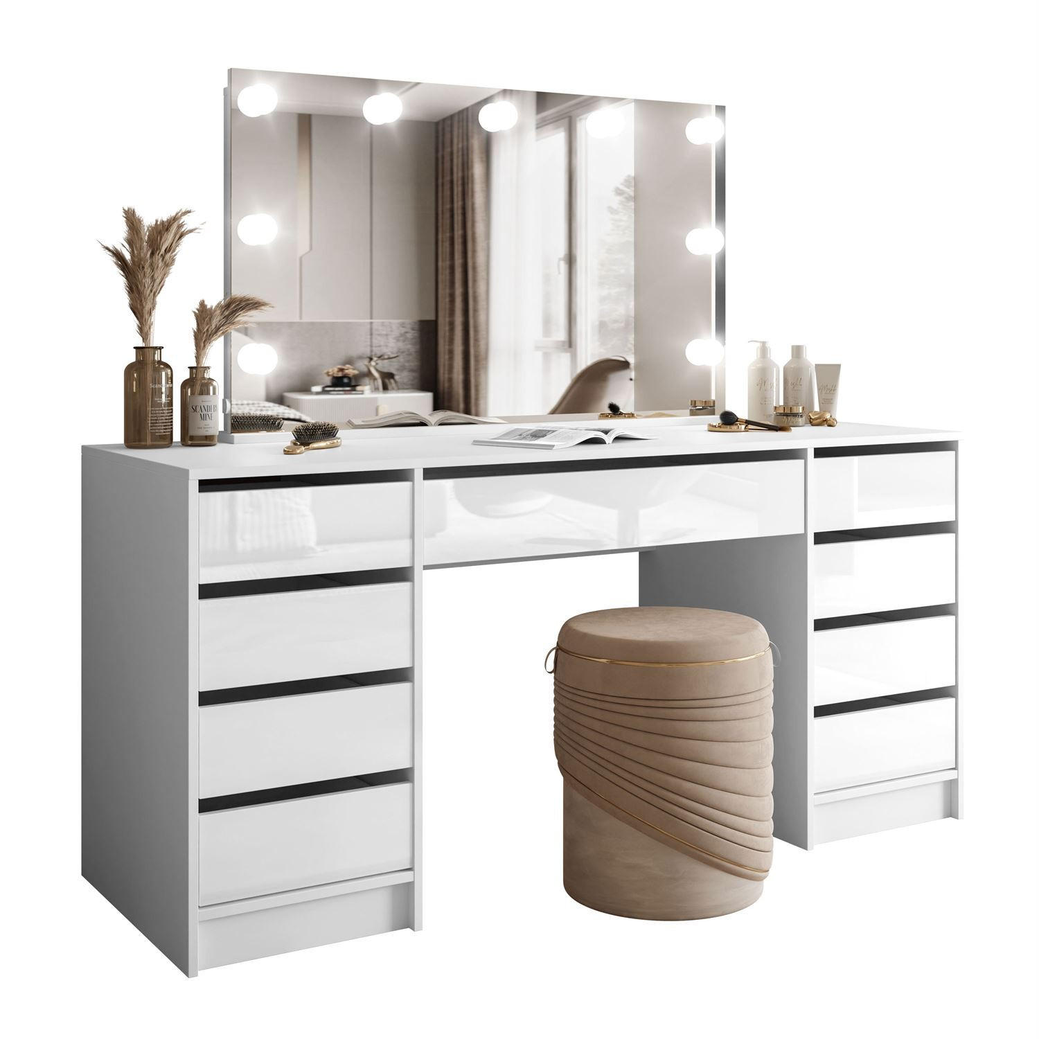 SCHMINKTISCH MADA DOUBLE ELITE mit Spiegel und Beleuchtung, Weiß hochglanz - Weiß, Holzwerkstoff (157/75/55cm) - Lookway