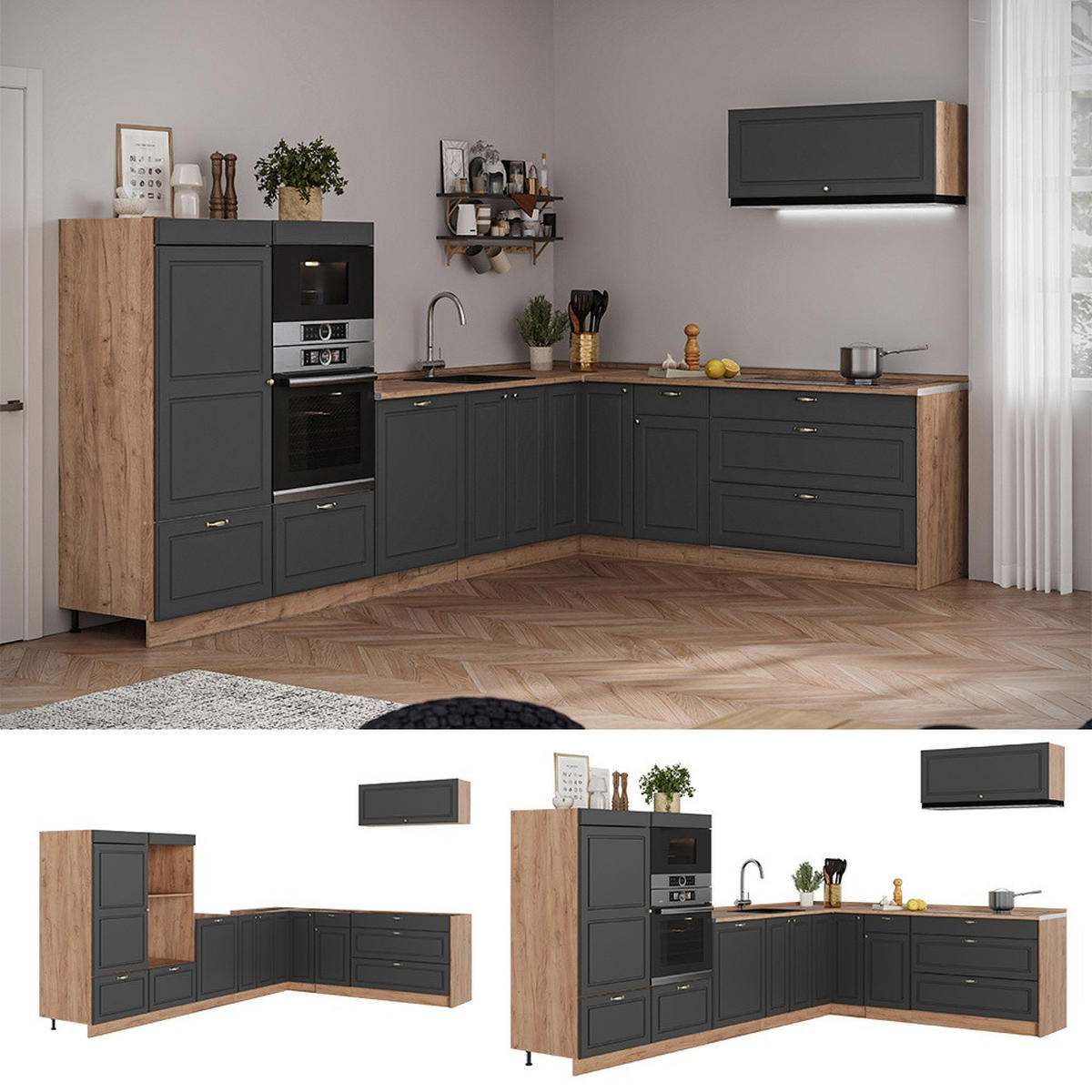 ECKKÜCHE Fame-Line, Anthrazit-Gold Landhaus/Goldkraft Eiche, 327 x 227 cm, AP Eiche - Honigeiche/Anthrazit, Holzwerkstoff (327/153.6/60cm) - Vicco