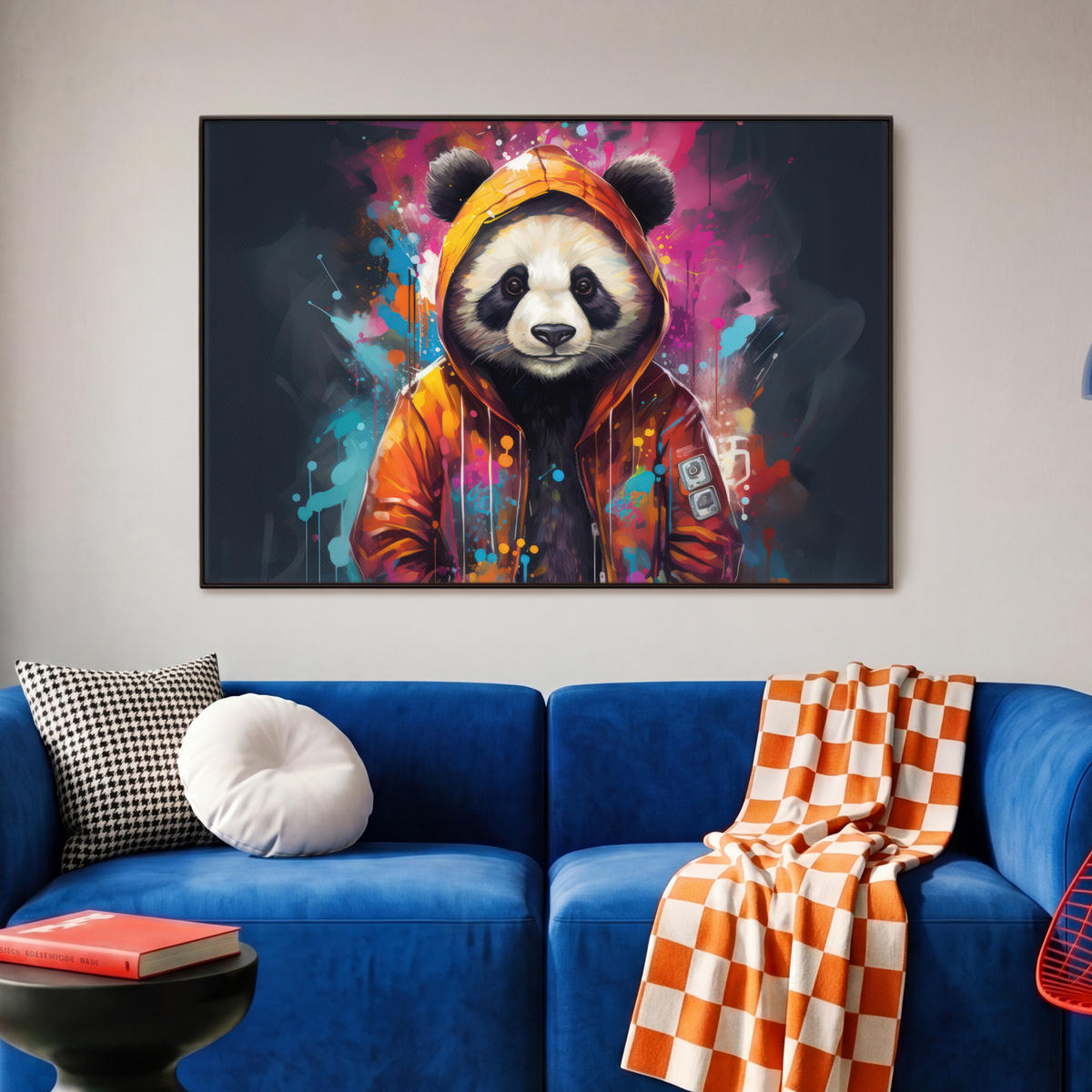 LEINWAND Bilder mit Rahmen - Panda - Jacke - Graffiti - Orange - 90x60 - Orange, Textil (90/60cm) - MuchoWow
