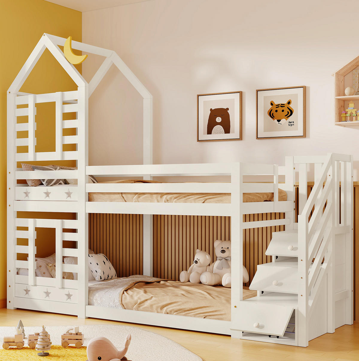 ETAGENBETT 90/200 cm mit Treppe, Schubladen, Rausfallschutz und Stauraum aus Holz, Weiß - Weiß, Holzwerkstoff - Redom
