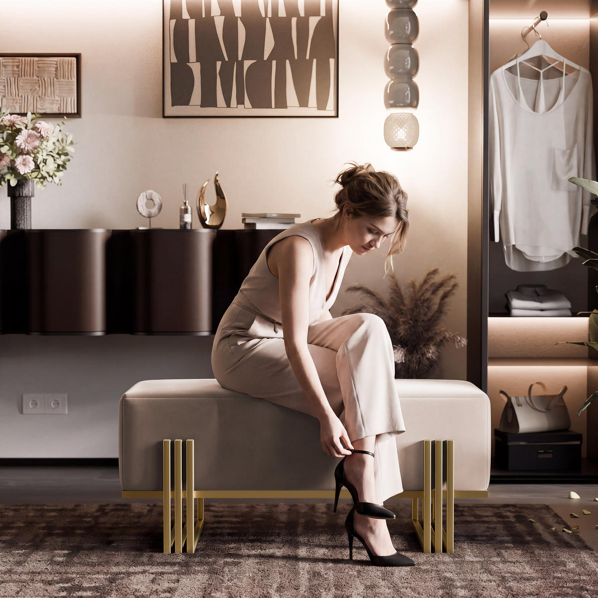 POLSTERBANK TEO 100 cm Gold / Beige ,Metallgestell - Beige, Metall (100/47/35cm) - Idohome