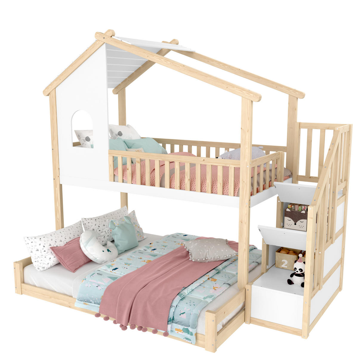 ETAGENBETT mit Bettgitter und Stauraumleiter, Natur/Weiß, 90/140/200 cm - Naturfarben, Holz (140/200cm) - MIVRAY