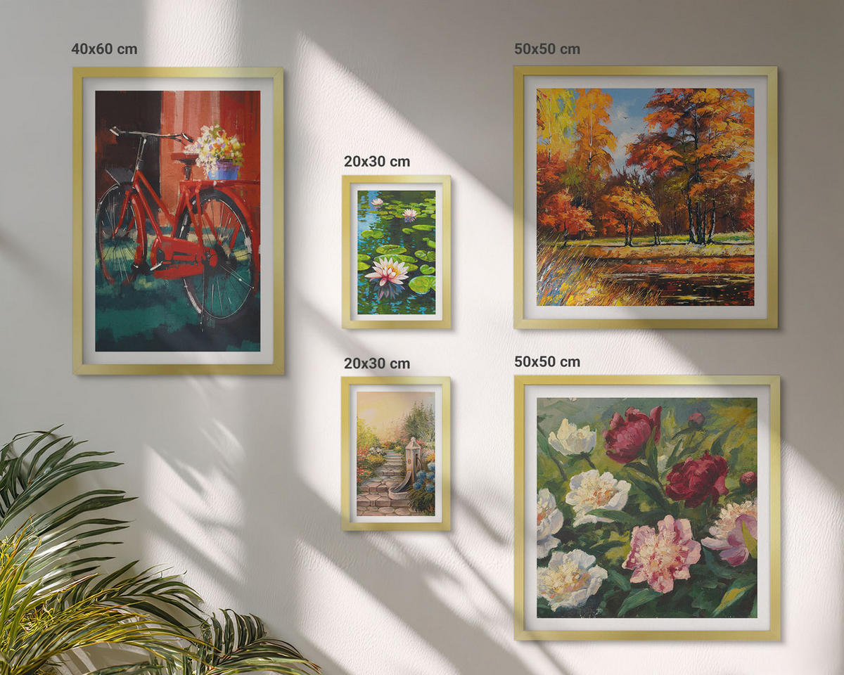 WANDBILDER 5er Set - 50x50 cm & 20x30 cm & 40x60 cm Goldrahmen - Strand Holzsteg Klippen - Goldfarben, Kunststoff (40/60cm) - ArtPrintCave