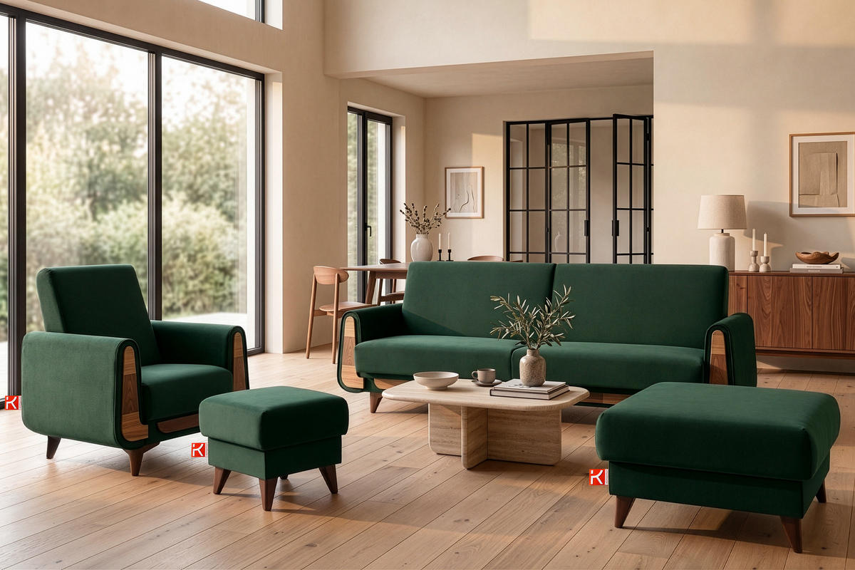 HOCKER GUSTAVO Velours, Dunkelgrün - Dunkelgrün, Holz/Holzwerkstoff (92/49/92cm) - KONSIMO®